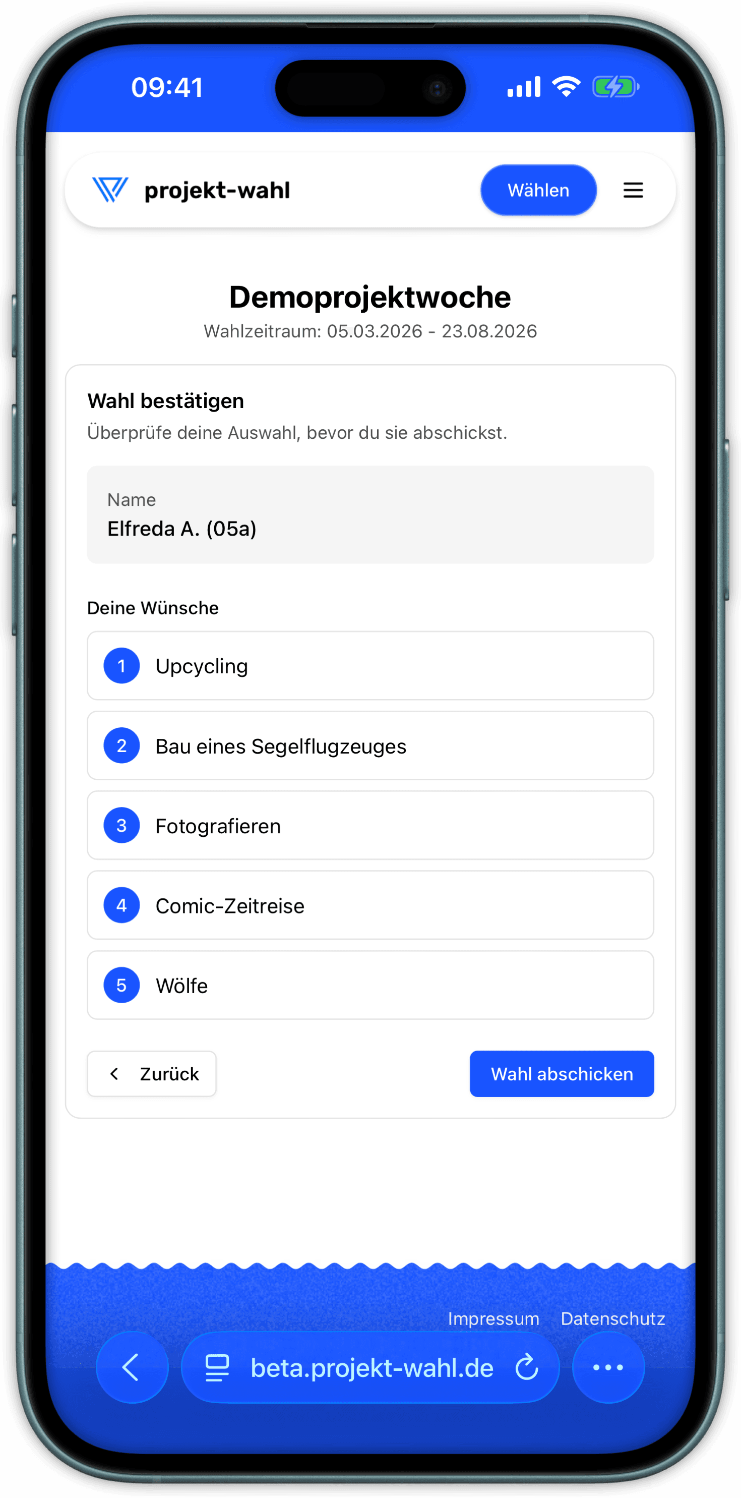 Mobile Bestätigungsansicht nach der Wahl
