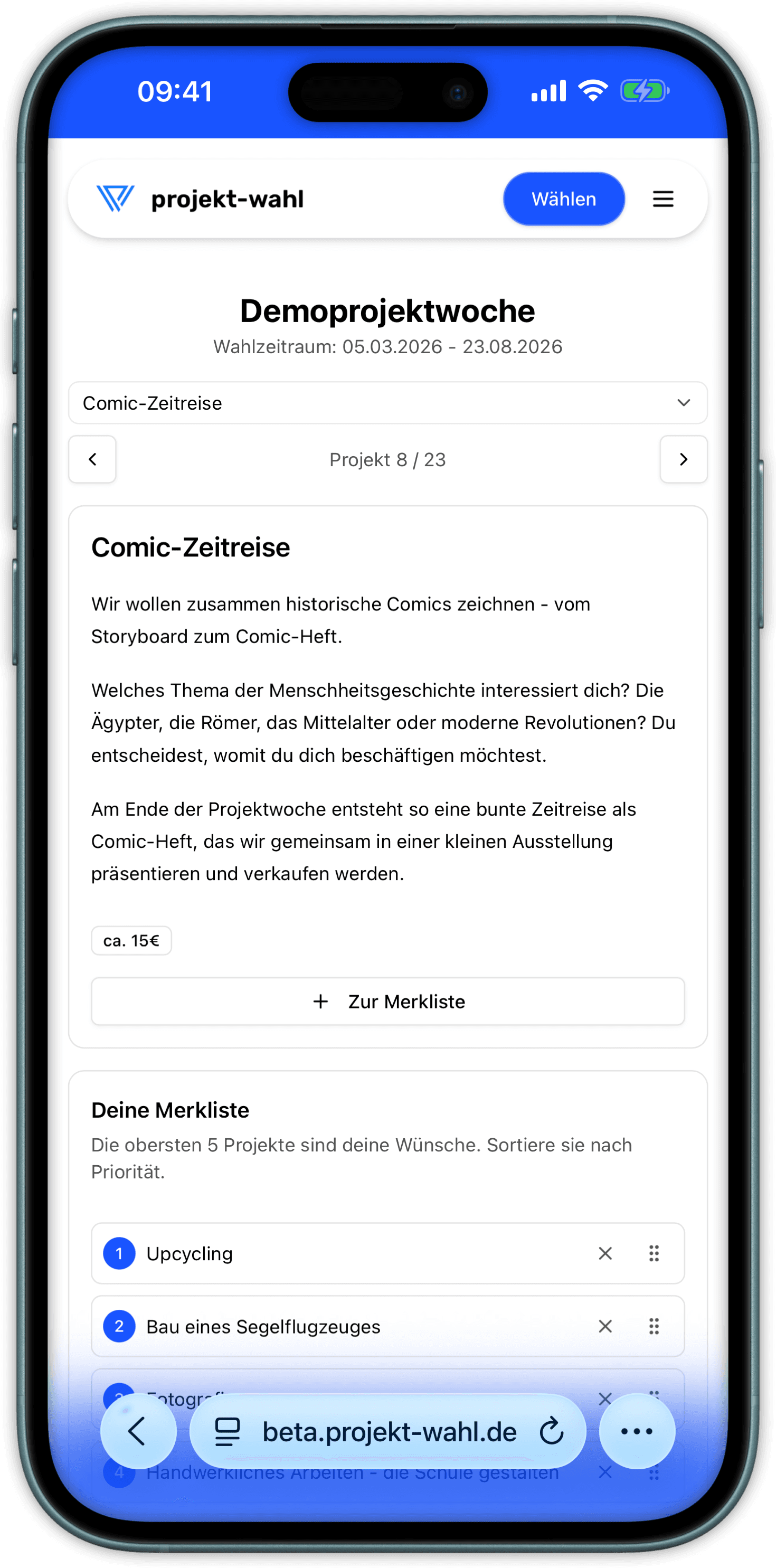 Mobiler Wahlbogen mit Projekt-Merkliste